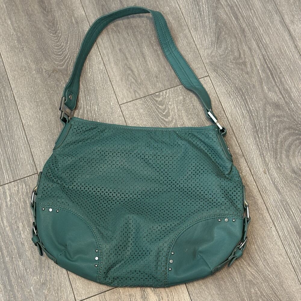 Dana Buchman Hobo Handbag Women L Teal Perforated Faux Leather Shoulder Bag